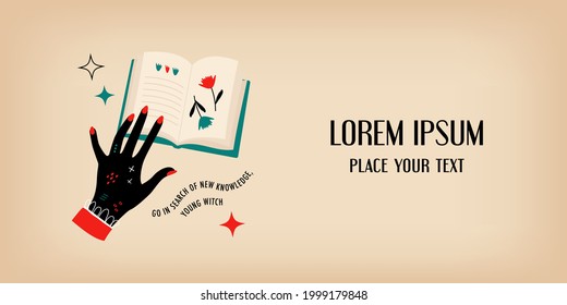Vector banner for website and social networks. Esoteric illustration, female hand holding a book. Vintage magic style. EPS 10 design element