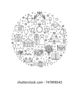 Vector  banner with Wedding symbols in linear style. Design elements for invitations