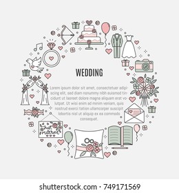 Vector  banner with Wedding symbols in linear style. Design elements for invitations