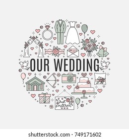 Vector  banner with Wedding symbols in linear style. Design elements for invitations
