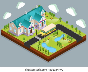 Vector banner: Welcome Back to School. Isometric town with schoolhouse and bus