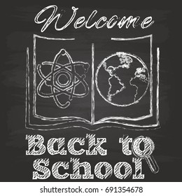 Vector banner: Welcome Back to School. A network of stationery items drawn on a chalkboard.