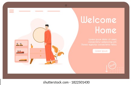 Vector banner of welcome home concept. Man in comfortable home outfit standing in cozy hallway. Stylish entrance hall interior, mirror, shelves for shoes, plant. Character illustration of daily life