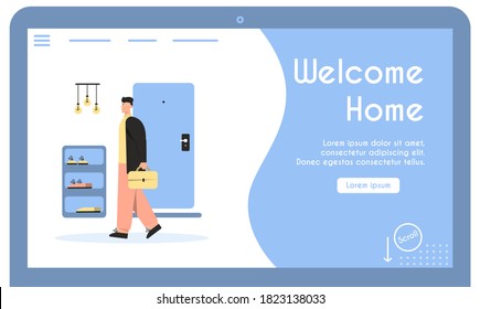 Vector banner of welcome home concept. Happy man returns from work and standing in cozy hallway scene. Stylish entrance hall interior, shelves for shoes, plant. Character illustration of daily life