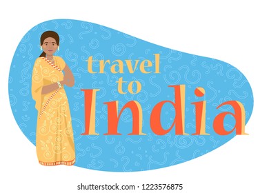 Vector banner welcoming to India. Indian woman in traditional dress welcomes to India.