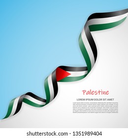 Vector banner in white and blue colors and waving ribbon with flag of Palestine. Template for poster design, brochures, printed materials, logos, independence day. National flags