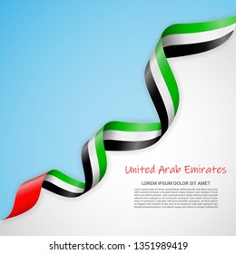 Vector banner in white and blue colors and waving ribbon with flag of United Arab Emirates. Template for poster design, brochures, printed materials, logos, independence day. National flags svg