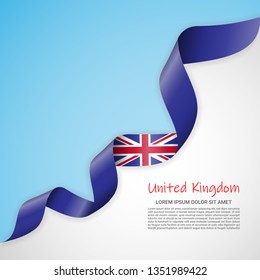 Vector banner in white and blue colors and waving ribbon with flag of United Kingdom. Template for poster design, brochures, printed materials, logos, independence day. National flags