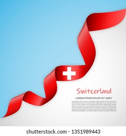 Vector banner in white and blue colors and waving ribbon with flag of Switzerland. Template for poster design, brochures, printed materials, logos, independence day. National flags