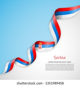 Vector banner in white and blue colors and waving ribbon with flag of Serbia. Template for poster design, brochures, printed materials, logos, independence day. National flags