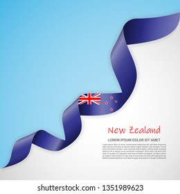 Vector banner in white and blue colors and waving ribbon with flag of Newzealand. Template for poster design, brochures, printed materials, logos, independence day. National flags