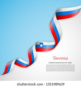 Vector banner in white and blue colors and waving ribbon with flag of Slovenia. Template for poster design, brochures, printed materials, logos, independence day. National flags