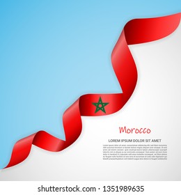 Vector banner in white and blue colors and waving ribbon with flag of Morocco. Template for poster design, brochures, printed materials, logos, independence day. National flags