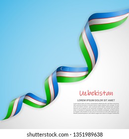 Vector banner in white and blue colors and waving ribbon with flag of Uzbekistan. Template for poster design, brochures, printed materials, logos, independence day. National flags
