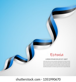 Vector banner in white and blue colors and waving ribbon with flag of Estonia. Template for poster design, brochures, printed materials, logos, independence day. National flags
