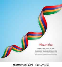 Vector banner in white and blue colors and waving ribbon with flag of Mauritius. Template for poster design, brochures, printed materials, logos, independence day. National flags
