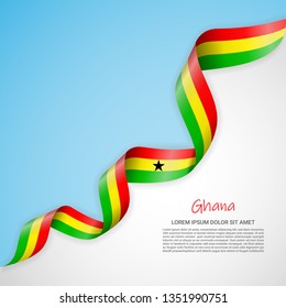 Vector banner in white and blue colors and waving ribbon with flag of Ghana. Template for poster design, brochures, printed materials, logos, independence day. National flags