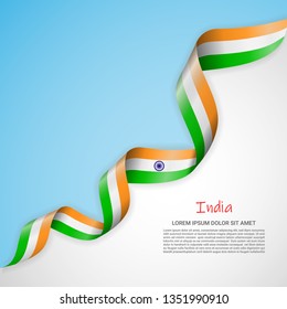 Vector banner in white and blue colors and waving ribbon with flag of India. Template for poster design, brochures, printed materials, logos, independence day. National flags