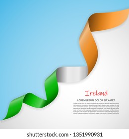 Vector banner in white and blue colors and waving ribbon with flag of Ireland. Template for poster design, brochures, printed materials, logos, independence day. National flags