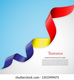 Vector banner in white and blue colors and waving ribbon with flag of Romania. Template for poster design, brochures, printed materials, logos, independence day. National flags
