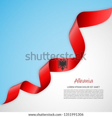 Vector banner in white and blue colors and waving ribbon with flag of Albania. Template for poster design, brochures, printed materials, logos, independence day. National flags