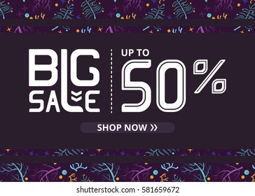 Vector banner with white lettering big sale up to fifty percent shop now and violet water