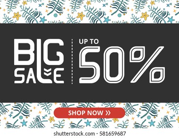 Vector banner with white lettering big sale up to fifty percent shop now and blue plants