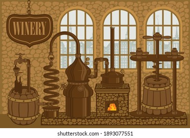 Vector banner for winery with an old winemaking equipment. Decorative illustration of winery plant for the production of wine in an old stone building in retro style