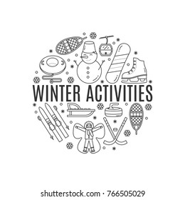 Vector banner with  winter activities symbols,made in tha shape of circle