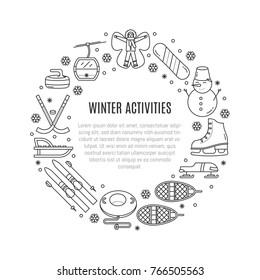 Vector banner with  winter activities symbols,made in tha shape of circle