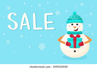 Vector banner winter discounts. Cute snowman in cartoon style with a gift. Symbols of the new year.
