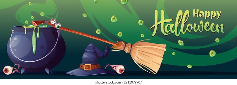 Vector banner with witches cauldron with potion and broom. Poster for the holiday. Happy Halloween, holiday symbol. Poster, postcard, invitation, banner a4 size