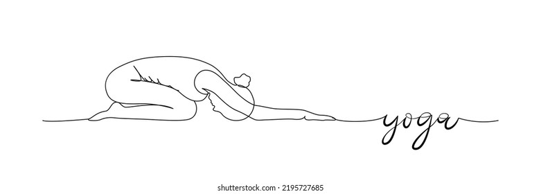 Vector banner with woman doing yoga exercise, yoga child’s pose. Outline drawing