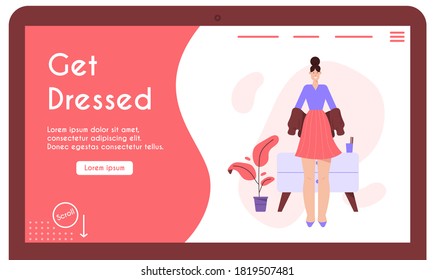 Vector banner of woman gets dressed concept. Young girl choose outfit in front of mirror, going to work or returning home. Design interior with dresser, plant. Character illustration of daily life
