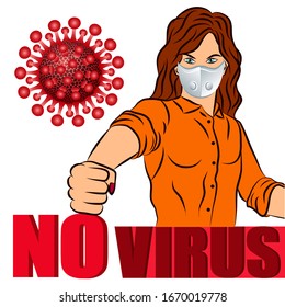 Vector banner woman in a mask will stop the coronavirus, say no virus, medicine and health care warns to protect yourself from the corona 2019-ncov and infection epidemy. Illustration isolate.