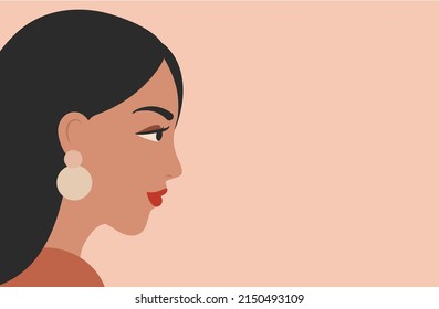 Vector banner with Woman portrait in minimal style. Female face profile on soft pink background. Advertisement fashion banner with copy space