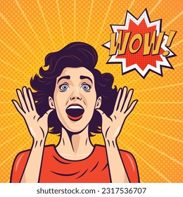 Vector Banner with Woman, Wow Face, Holding Hands, Arms, Palms Near Her Cheeks in Pop Art Comic Style. Advertising Poster for Sale, Discount Placard, Flyer Card. Beautiful Surprised Woman