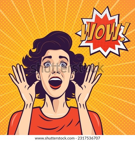 Vector Banner with Woman, Wow Face, Holding Hands, Arms, Palms Near Her Cheeks in Pop Art Comic Style. Advertising Poster for Sale, Discount Placard, Flyer Card. Beautiful Surprised Woman
