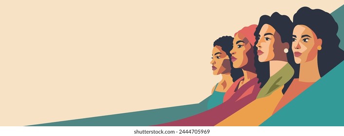 Vector banner. Women of different cultures and nationalities. Strong women from different cultures stand shoulder to shoulder. The concept of feminism, gender equality, protection of women's rights