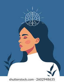 Vector banner for women projects, Women's Health Day. Women's mental health. Woman, brain above head, clear mind, harmony, symbolize the call and care for women's mental health