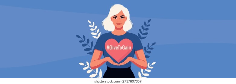 Anuncio de Vector para el Día de la Mujer, 8 de marzo, mujer sosteniendo un corazón con la etiqueta GiveToGain. Fondo azul con hojas decorativas. Para campañas de caridad, afiches de empoderamiento motivacional, redes sociales
