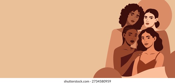 Anuncio de Vector para el Día de la Mujer, 8 de marzo. Mujeres de diferentes culturas, colores de piel, nacionalidades se mantienen unidas. Asistencia, diversidad, feminismo, libertad, movimiento por la igualdad de género, empoderamiento de la mujer