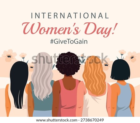 Vector banner for Women's Day, March 8, Equality Day. Women of different nationalities, cultures stand together, viewed from behind. Unity, empowerment. Modern style for social media, advertising