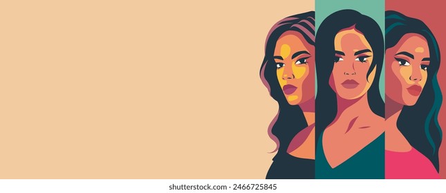 Vector banner for Women's Day with place for text. Beautiful women from different cultures stand side by side. Feminism concept, gender equality, protection of rights and freedoms, women's rights