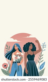 Vector banner women's day with space for text, different women with flowers and protest gesture stand together, gender equality and empowerment. Suitable for feminism projects, website, social media