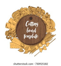 Vector banner with wooden board template and macaroni on background. Cutting board use as mockup for poster, label, emblem creation, or advertising pasta products.
