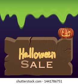 vector banner with a wooden sign, Halloween discounts