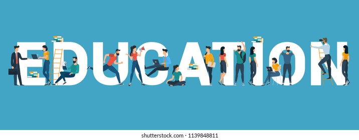 Cartel vectorial con la palabra "educación". Cabecera de página web educativa con jóvenes, estudiantes, hombres y mujeres, varios personajes y activistas.