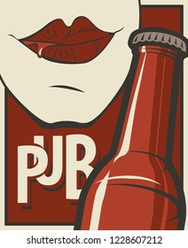 Vector banner with word Pub in retro style. Flat illustration with bottle of beer and human mouth drinking beer