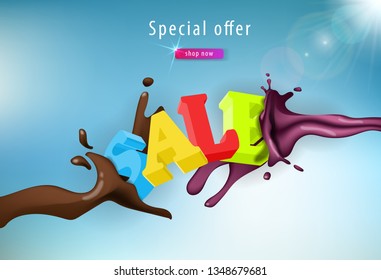 Vector banner the word sale in the stream of chocolate syrup and a cherry on the sky background